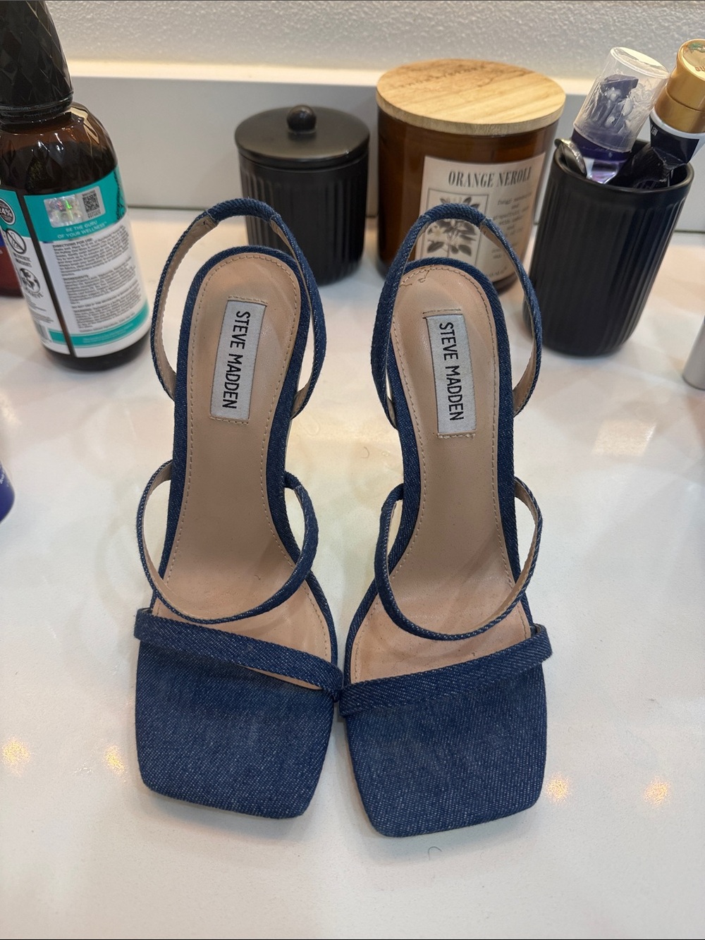 Steve Madden Denim Strappy Square-Toe Heeled Sandals - Navy